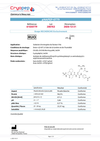 Certificat d'analyses pNAPEP-0779 Substrat Chromogéne du FVIIa